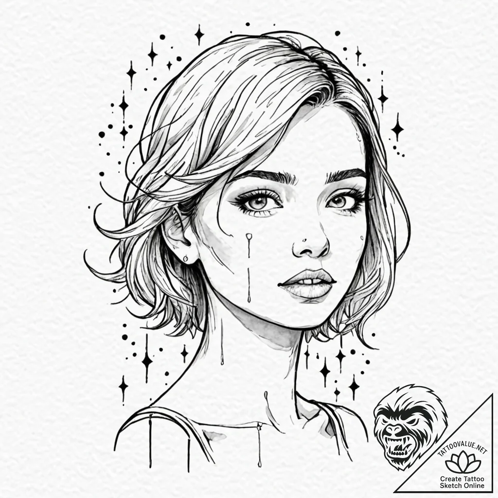 A girl whose tears are tiny, glowing stars, t... - tattoo sketch (№1752132118_0, 10.07.2025 07:21) — tattoovalue.net