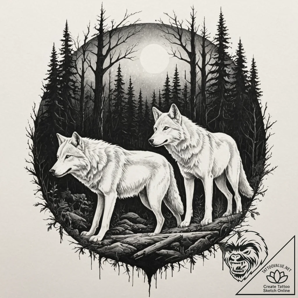 A wolf pack, depicted as shadowy, ethereal fi... - tattoo sketch (№1752132927_0, 10.07.2025 07:35) — tattoovalue.net