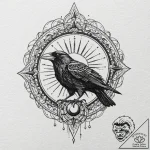 A realistic raven, with a red, geometric sun… – tattoo sketch (№1752133005_0, 10.07.2025 07:36) — tattoovalue.net