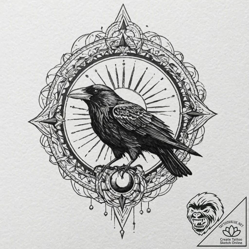 A realistic raven, with a red, geometric sun... - tattoo sketch (№1752133005_0, 10.07.2025 07:36) — tattoovalue.net