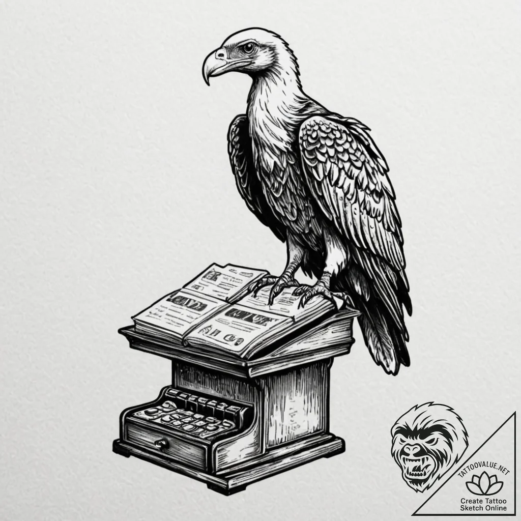 A vulture, perched on a cash register, tattoo... - tattoo sketch (№1752133407_0, 10.07.2025 07:43) — tattoovalue.net