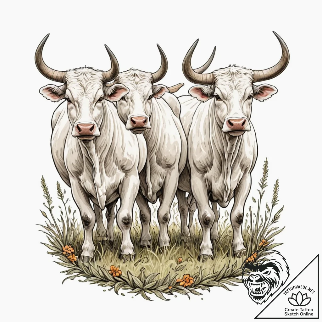 A beautiful, strong team of oxen, plowing a f... - tattoo sketch (№1752133577_0, 10.07.2025 07:46) — tattoovalue.net