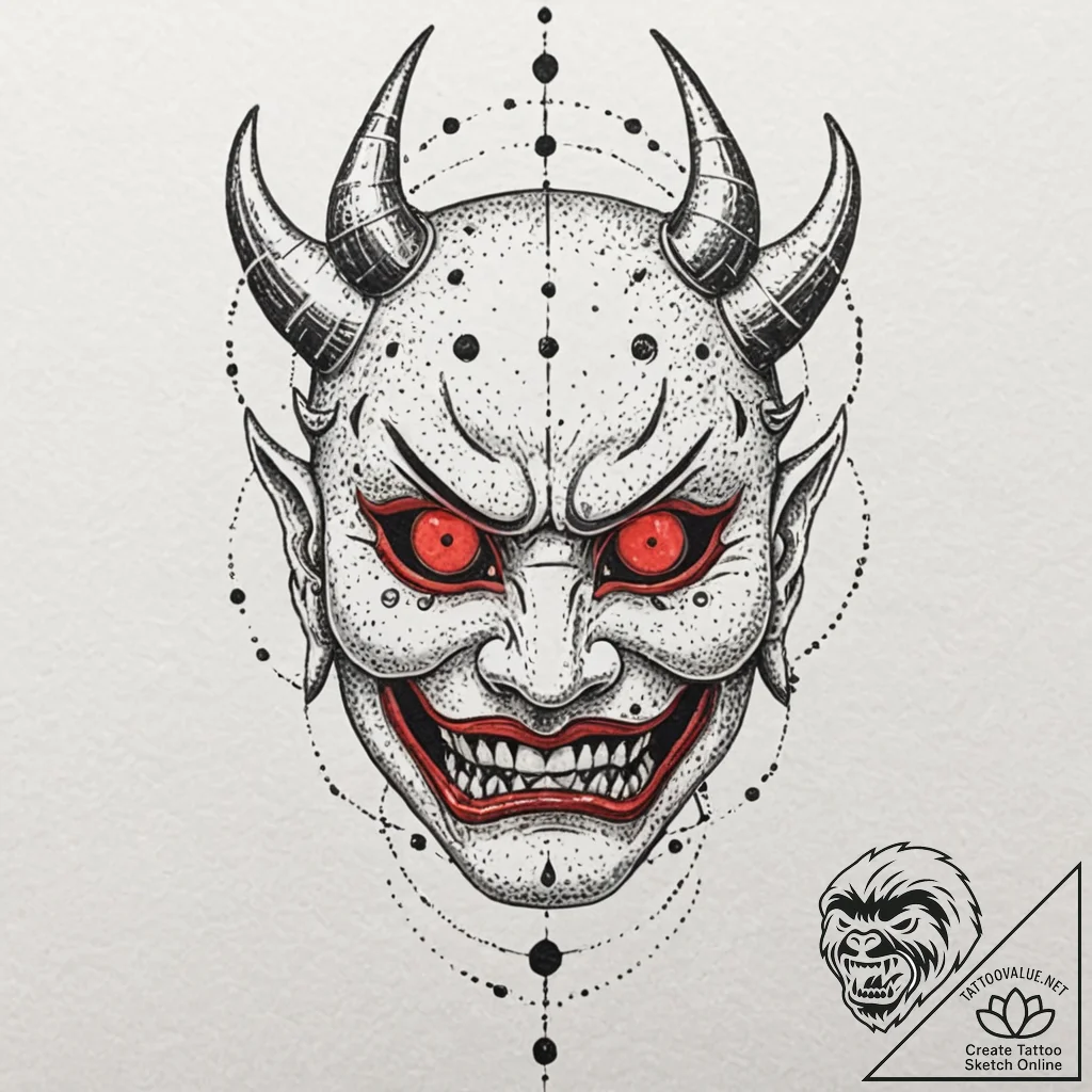 A japanese hannya mask, but it's made of chro... - tattoo sketch (№1752133829_0, 10.07.2025 07:50) — tattoovalue.net