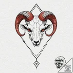 A skull of a ram, with a stark, red, geometri… – tattoo sketch (№1752134246_0, 10.07.2025 07:57) — tattoovalue.net