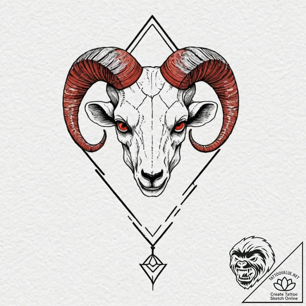 A skull of a ram, with a stark, red, geometri... - tattoo sketch (№1752134246_0, 10.07.2025 07:57) — tattoovalue.net