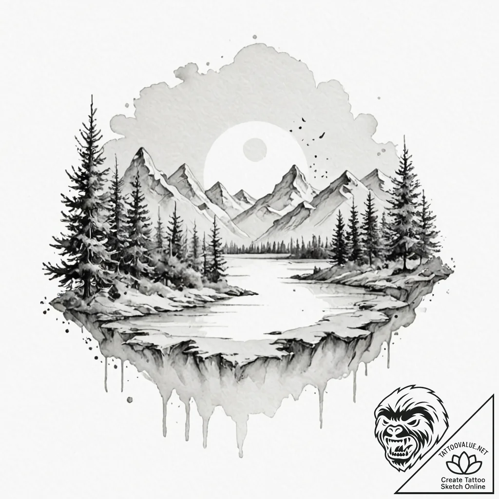 A beautiful, abstract dreamscape, a world mad... - tattoo sketch (№1752134578_0, 10.07.2025 08:02) — tattoovalue.net