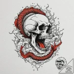 A human skull, its jaw unhinged in a silent,… – tattoo sketch (№1752135179_0, 10.07.2025 08:12) — tattoovalue.net