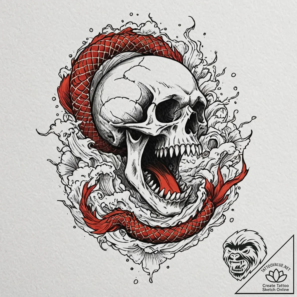 A human skull, its jaw unhinged in a silent,... - tattoo sketch (№1752135179_0, 10.07.2025 08:12) — tattoovalue.net