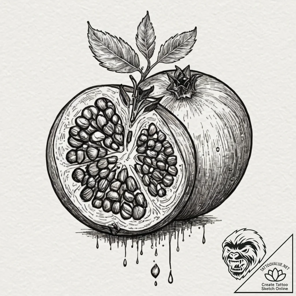 A realistic pomegranate, split open to reveal... - tattoo sketch (№1752136650_0, 10.07.2025 08:37) — tattoovalue.net