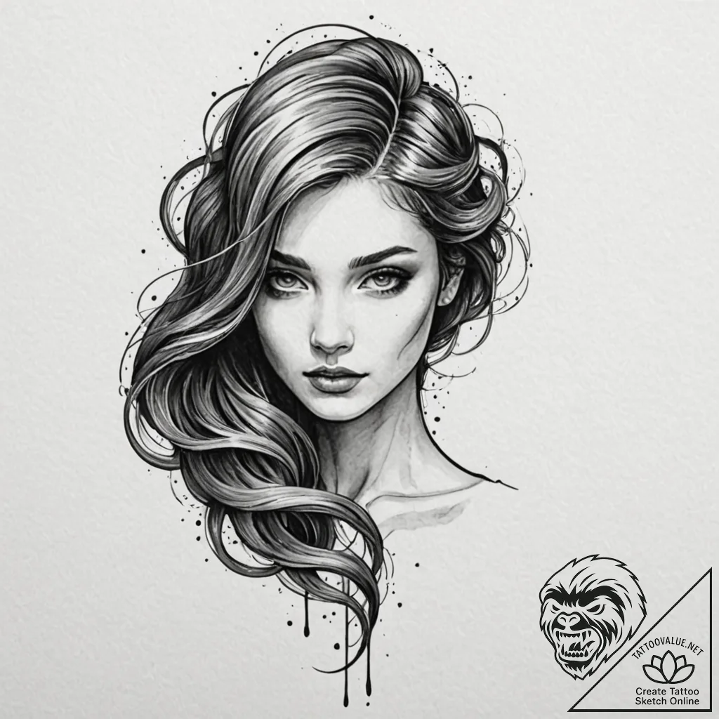 A beautiful woman with her hair made of swirl... - tattoo sketch (№1752138159_0, 10.07.2025 09:02) — tattoovalue.net