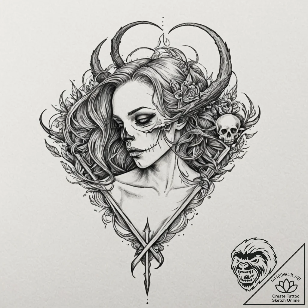 A woman holding a small, intricate bird skull... - tattoo sketch (№1752138244_0, 10.07.2025 09:04) — tattoovalue.net