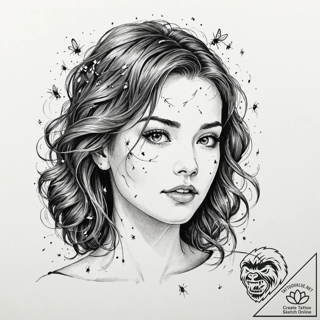 A woman whose hair is a swarm of fireflies - tattoo sketch (№1752138326_0, 10.07.2025 09:05) — tattoovalue.net
