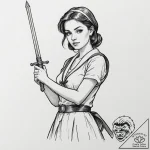 A girl holding a broken sword, with a determi… – tattoo sketch (№1752138409_0, 10.07.2025 09:06) — tattoovalue.net