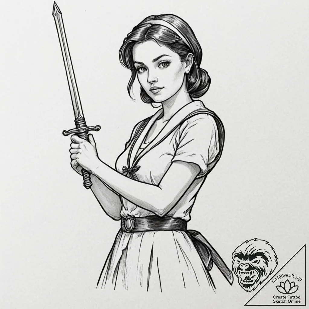 A girl holding a broken sword, with a determi... - tattoo sketch (№1752138409_0, 10.07.2025 09:06) — tattoovalue.net