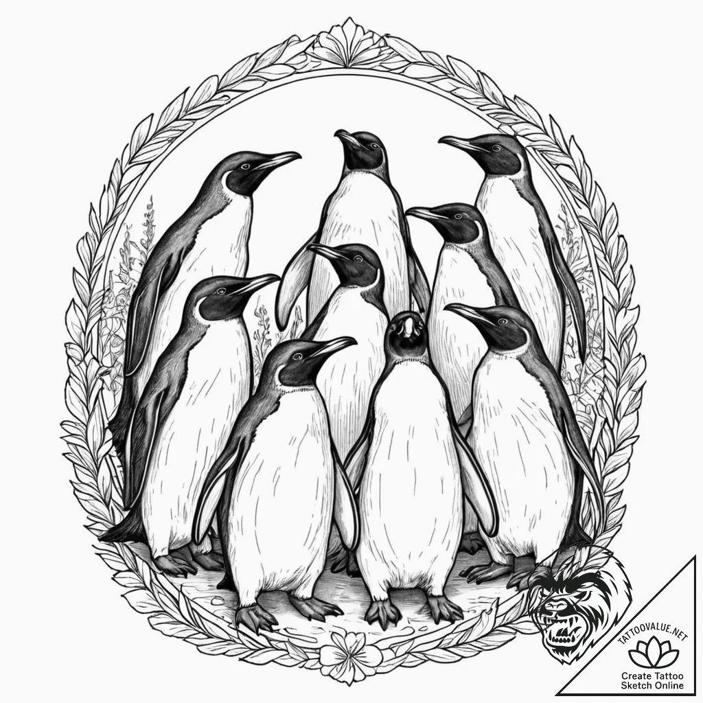 A beautiful, strong colony of penguins, huddl... - tattoo sketch (№1752139080_0, 10.07.2025 09:18) — tattoovalue.net