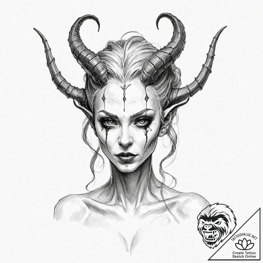 A beautiful, but deadly empusa, a shape-shift... - tattoo sketch (№1752139901_0, 10.07.2025 09:31) — tattoovalue.net