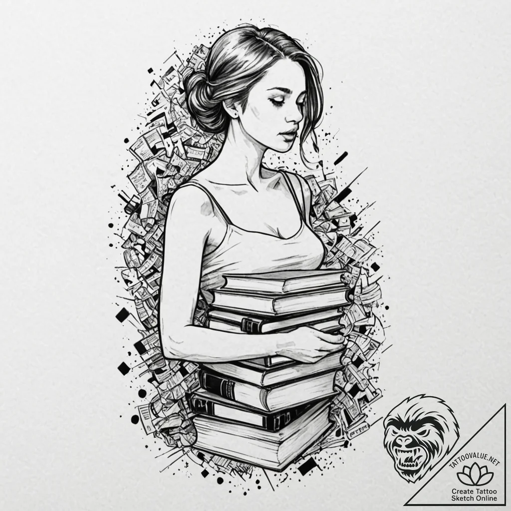 A woman whose body is a living, breathing lib... - tattoo sketch (№1752140137_0, 10.07.2025 09:35) — tattoovalue.net