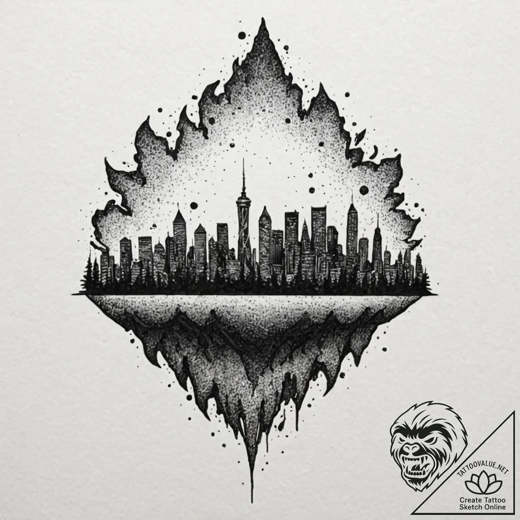 A silhouette of a city skyline, with a giant,... - tattoo sketch (№1752140779_0, 10.07.2025 09:46) — tattoovalue.net