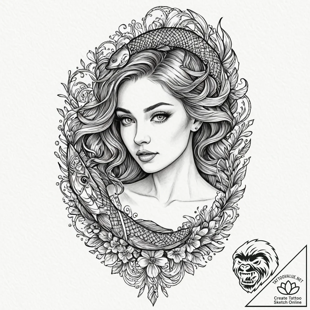 A beautiful woman whose body is half flesh, h... - tattoo sketch (№1752141115_0, 10.07.2025 09:51) — tattoovalue.net