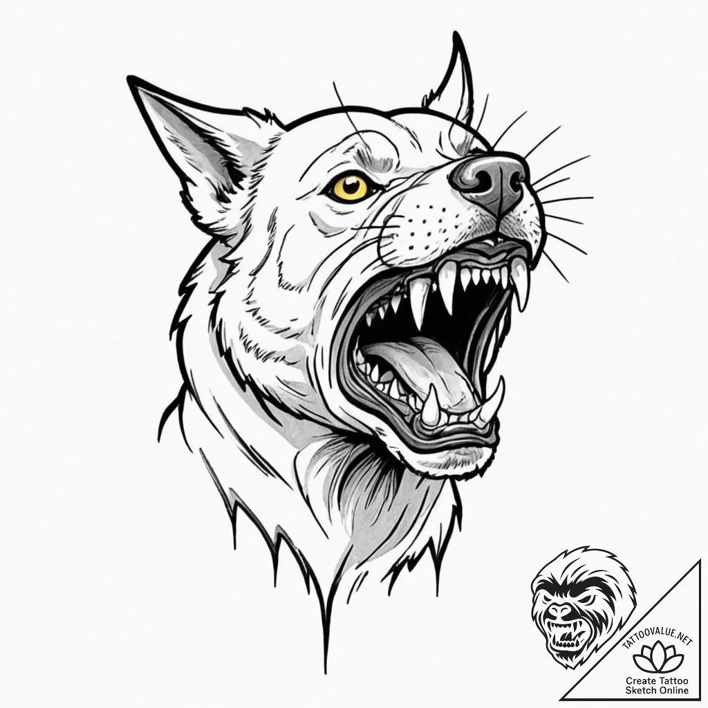 A snarling, rabid dog, its teeth bared, conce... - tattoo sketch (№1752141284_0, 10.07.2025 09:54) — tattoovalue.net