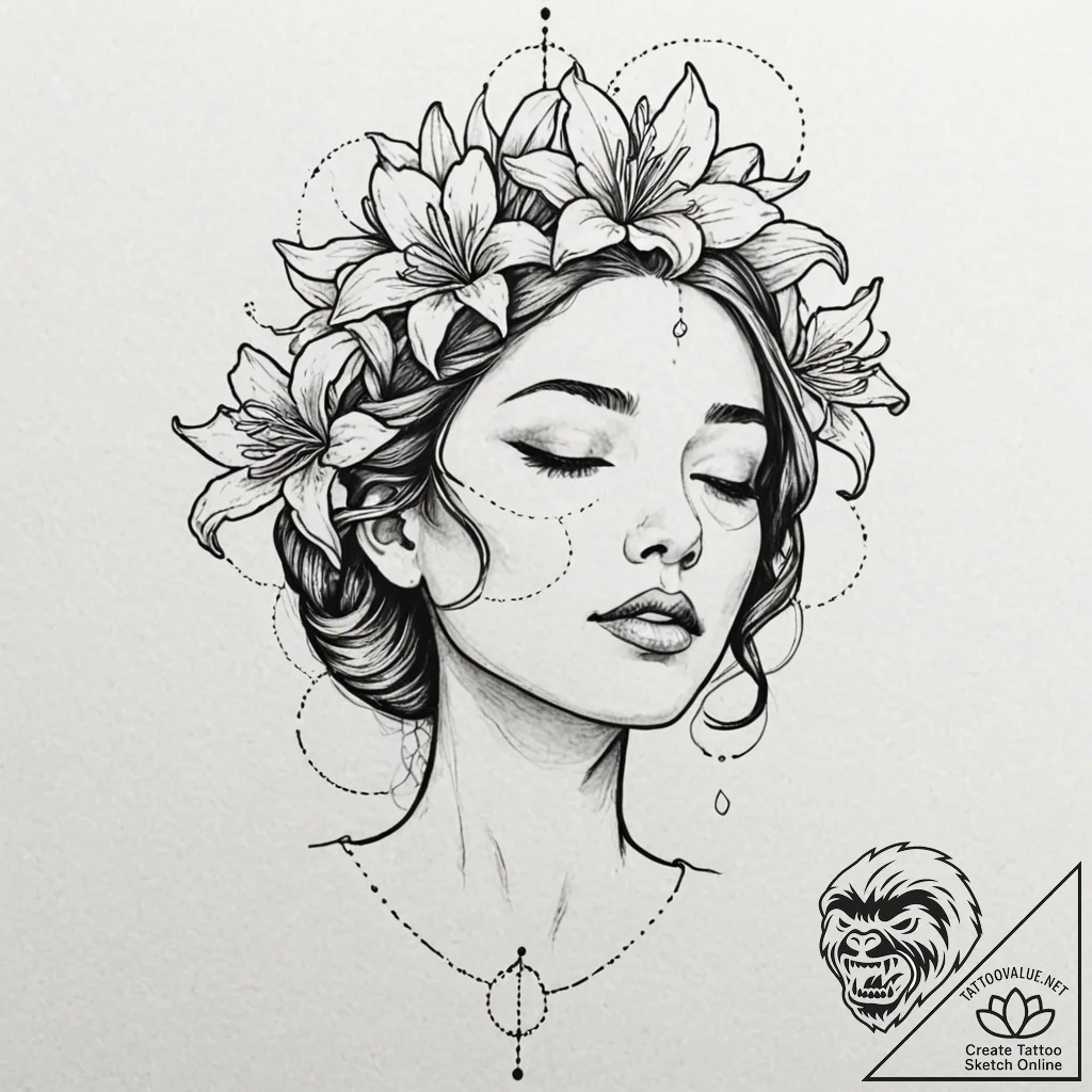 A woman with closed eyes, tears turning into... - tattoo sketch (№1752141449_0, 10.07.2025 09:57) — tattoovalue.net