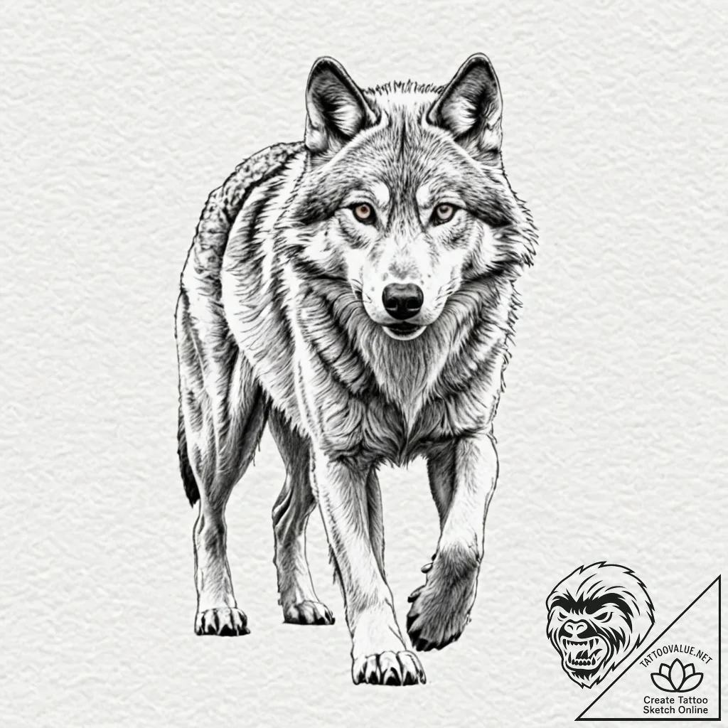 A running wolf, lean and determined, its eyes... - tattoo sketch (№1752142118_0, 10.07.2025 10:08) — tattoovalue.net