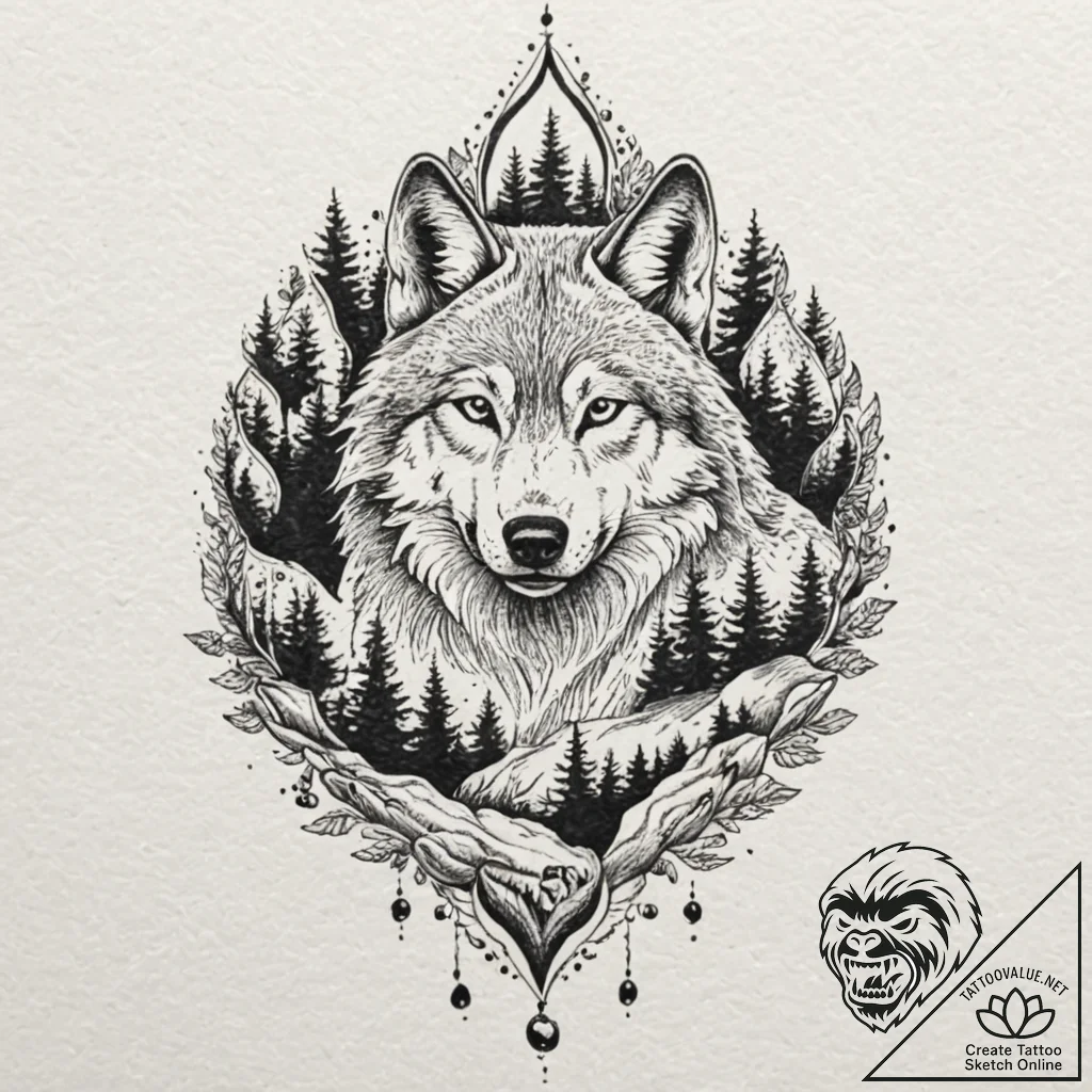 A wolf's paw print, filled with a forest scen... - tattoo sketch (№1752142285_0, 10.07.2025 10:11) — tattoovalue.net