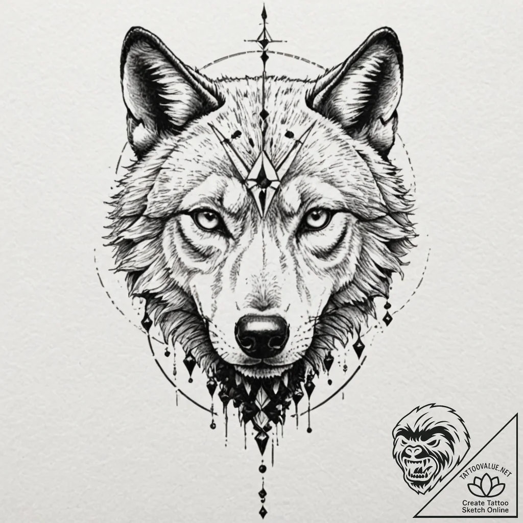 A wolf's skull, adorned with sharp, black cry... - tattoo sketch (№1752142367_0, 10.07.2025 10:12) — tattoovalue.net
