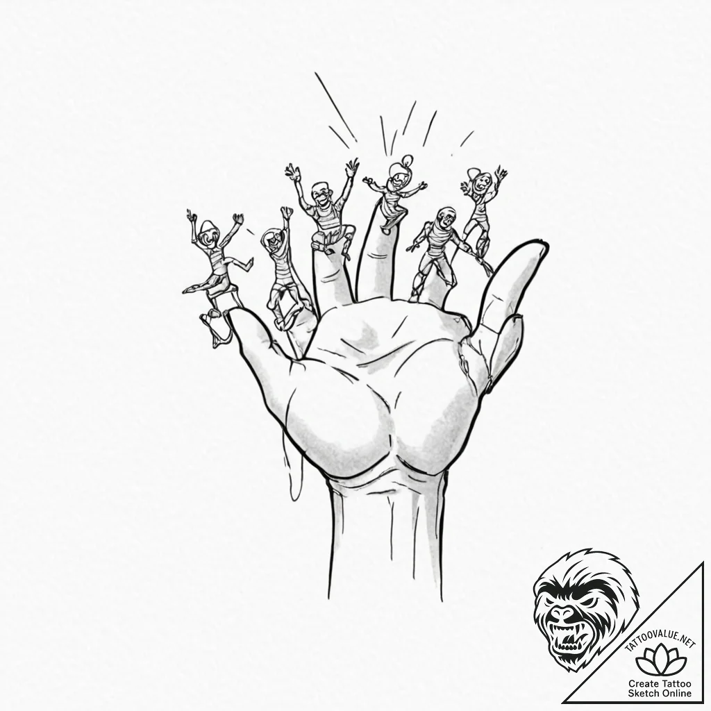 A human hand, manipulating smaller figures li... - tattoo sketch (№1752143035_0, 10.07.2025 10:23) — tattoovalue.net