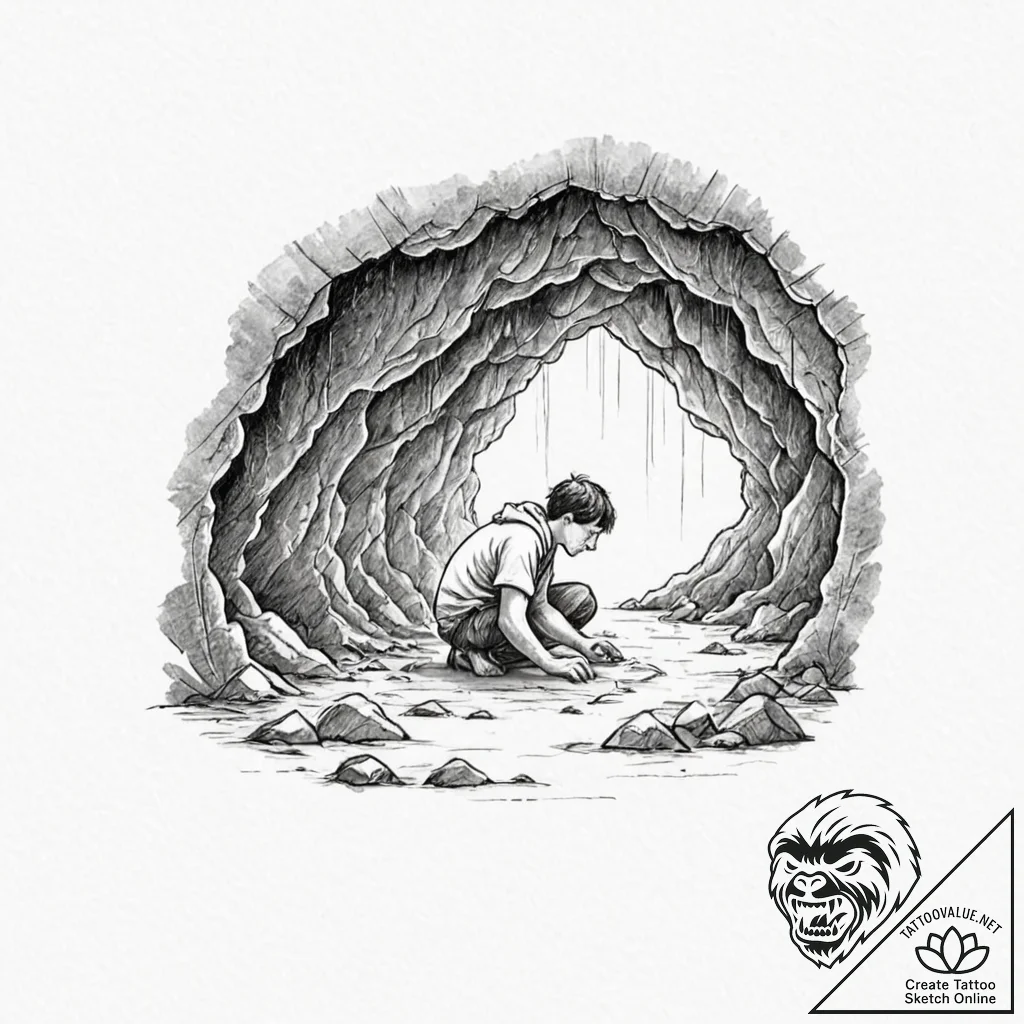 A person, whose body is a sheltering cave in... - tattoo sketch (№1752143452_0, 10.07.2025 10:30) — tattoovalue.net
