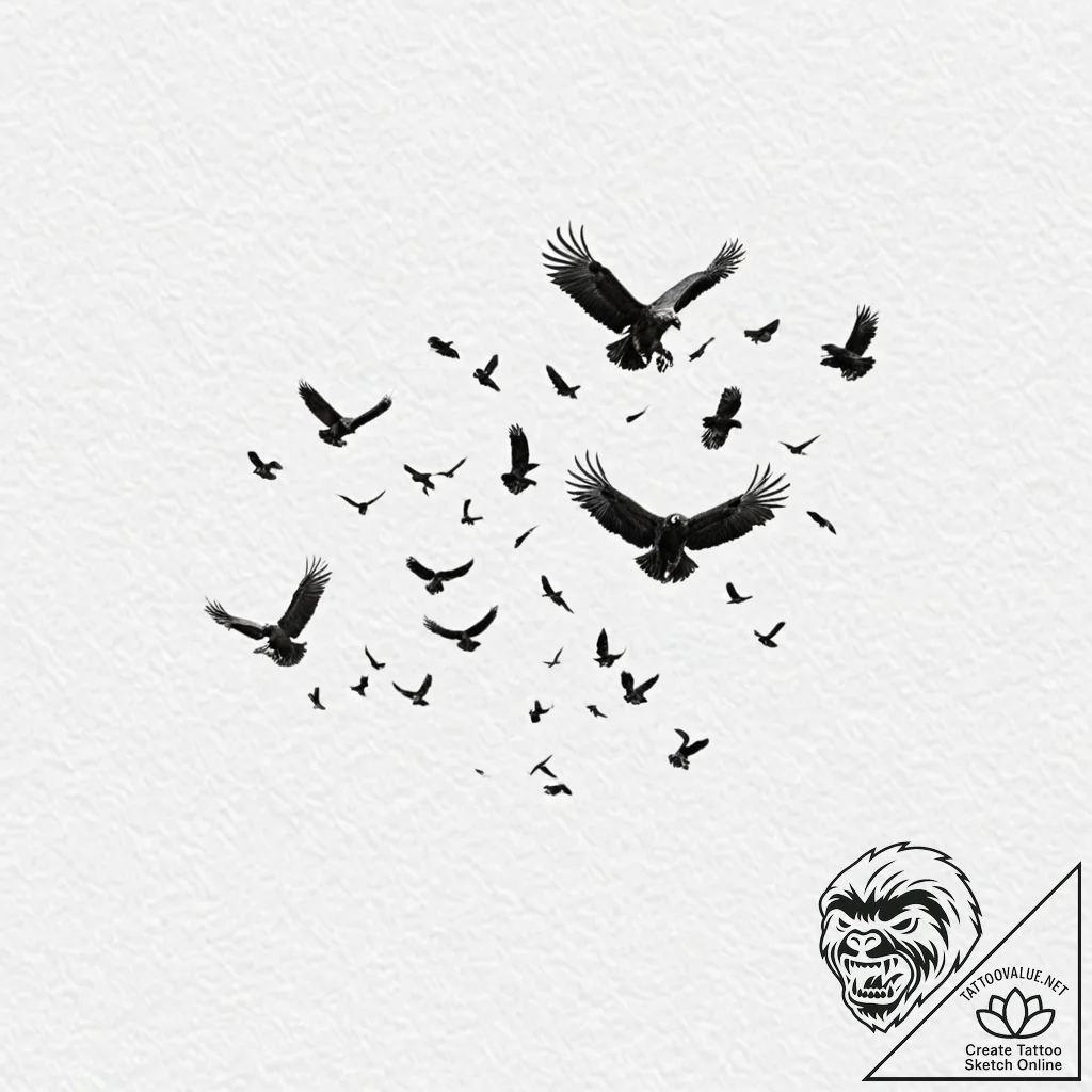 A pack of vultures, circling overhead - tattoo sketch (№1752143872_0, 10.07.2025 10:37) — tattoovalue.net