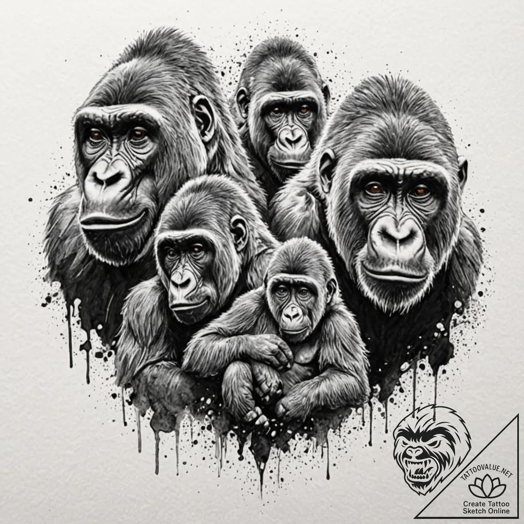 A beautiful, strong family of gorillas, a sym... - tattoo sketch (№1752144375_0, 10.07.2025 10:46) — tattoovalue.net