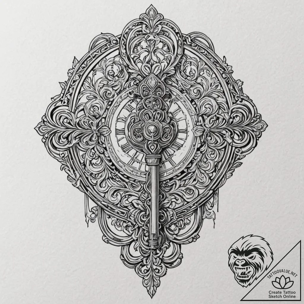 A beautiful, ornate key, unlocking a book of... - tattoo sketch (№1752144792_0, 10.07.2025 10:53) — tattoovalue.net
