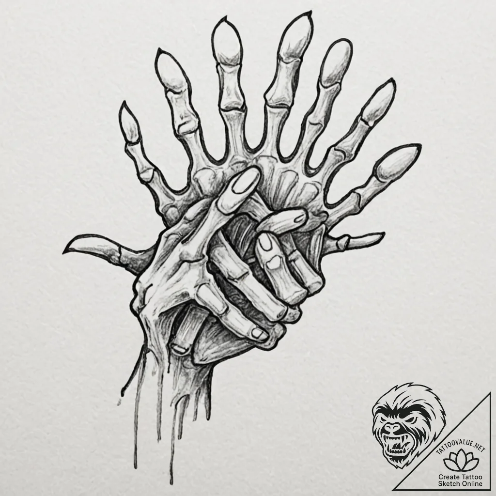 Two hands, one skeletal, one human, clasped t... - tattoo sketch (№1752145127_0, 10.07.2025 10:58) — tattoovalue.net