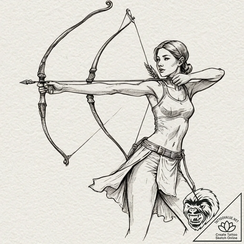 A female archer, pulling back a bow with an a... - tattoo sketch (№1752145212_0, 10.07.2025 11:00) — tattoovalue.net