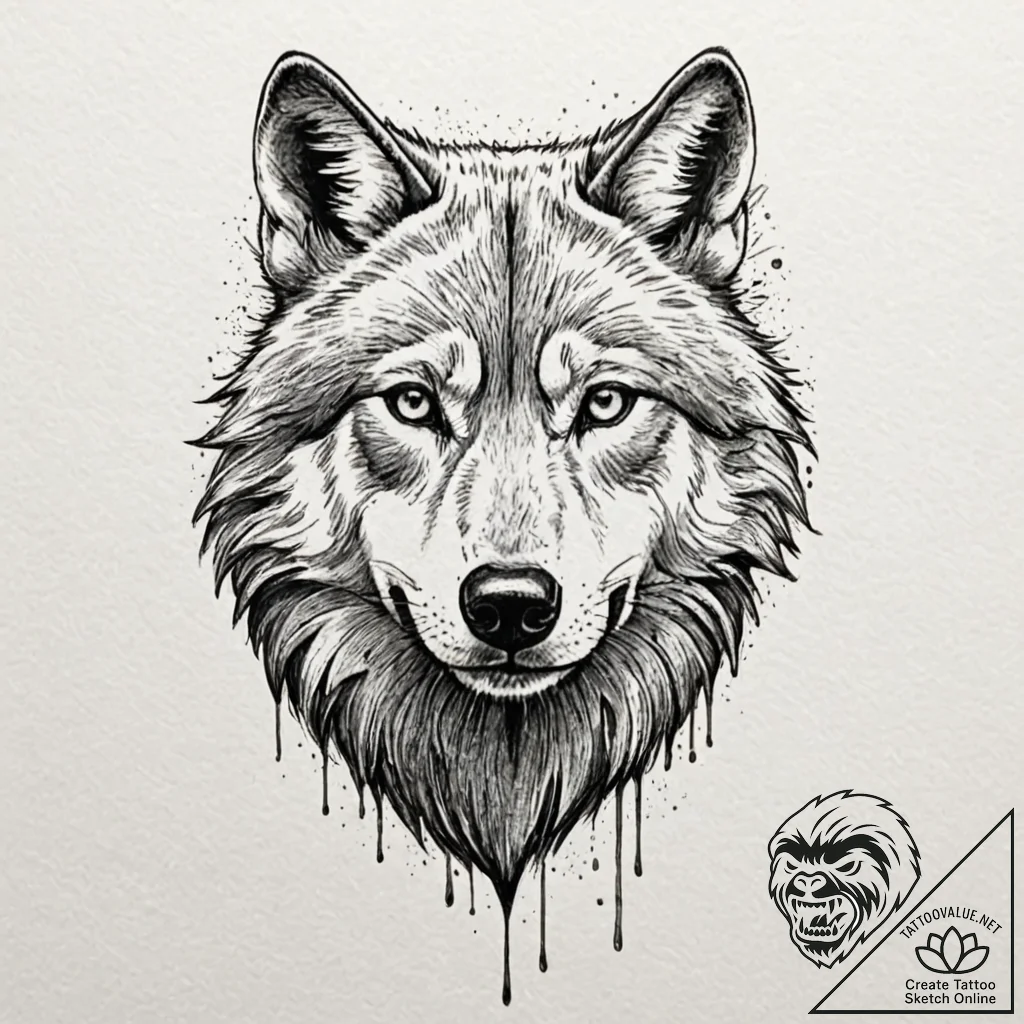 A portrait of a wolf, its face is half skull,... - tattoo sketch (№1752145881_0, 10.07.2025 11:11) — tattoovalue.net