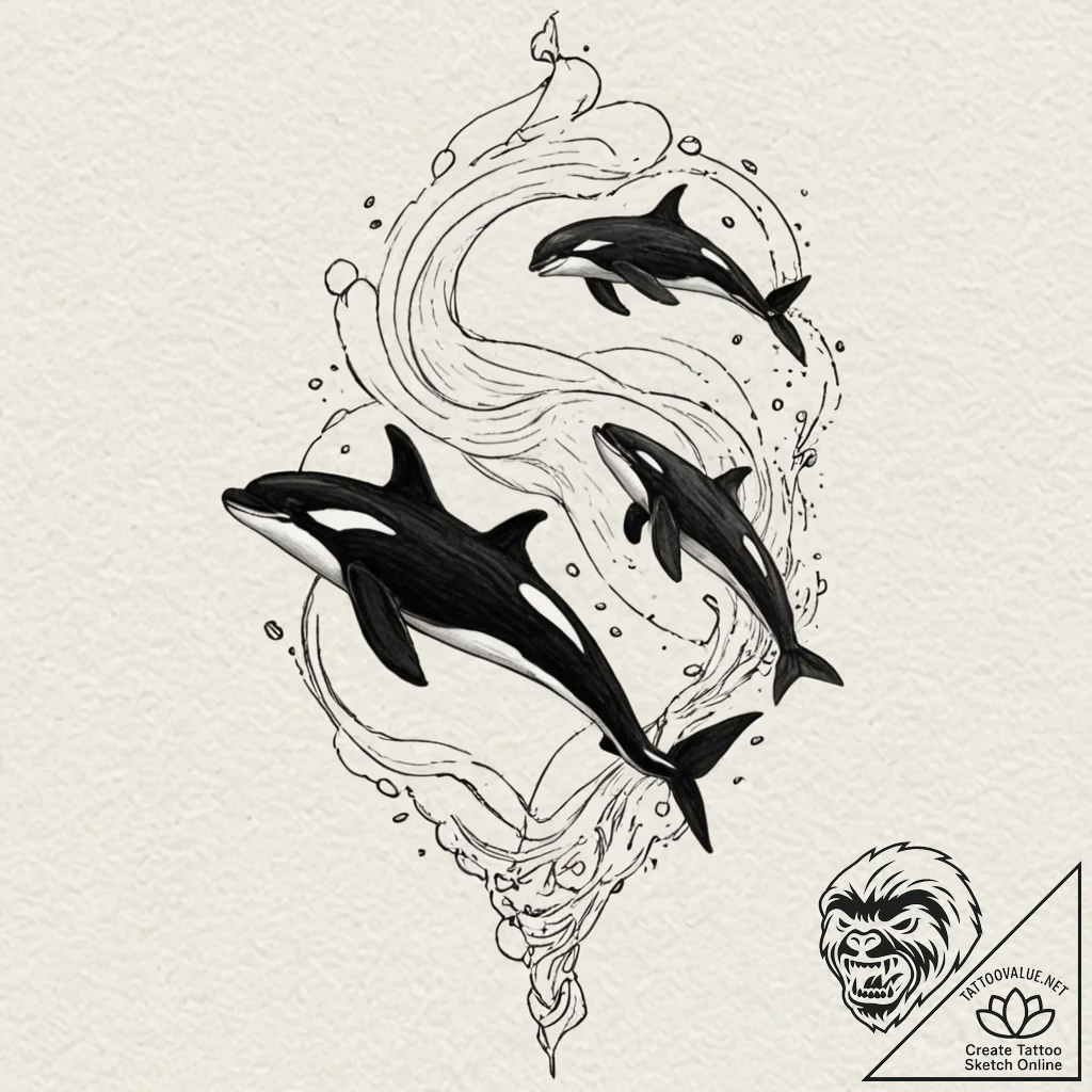 A powerful pod of orcas, hunting with intelli... - tattoo sketch (№1752146575_0, 10.07.2025 11:22) — tattoovalue.net
