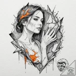 A woman looking at her reflection in a shatte… – tattoo sketch (№1752146814_0, 10.07.2025 11:26) — tattoovalue.net