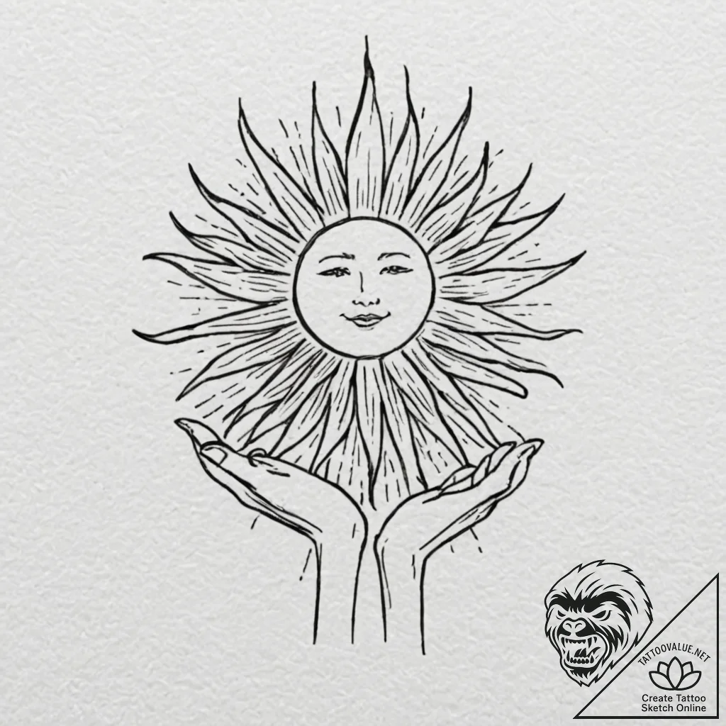 A beautiful, stylized sun, its rays are warm,... - tattoo sketch (№1752147212_0, 10.07.2025 11:33) — tattoovalue.net