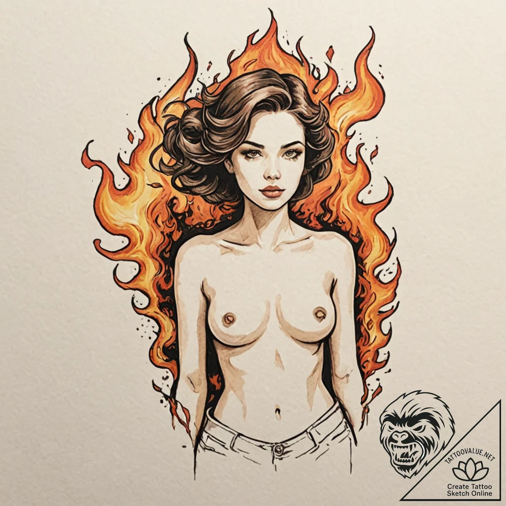 A girl whose body is made of fire and smoke,... - tattoo sketch (№1752148951_0, 10.07.2025 12:02) — tattoovalue.net