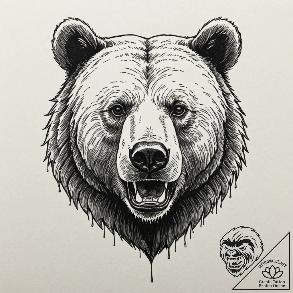 A powerful grizzly bear, its face is a stoic,... - tattoo sketch (№1752149477_0, 10.07.2025 12:11) — tattoovalue.net
