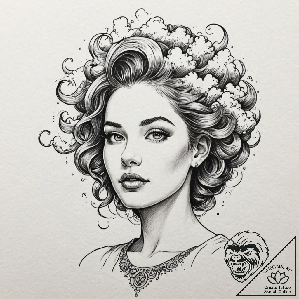 A beautiful woman with her body made of cloud... - tattoo sketch (№1752149558_0, 10.07.2025 12:12) — tattoovalue.net