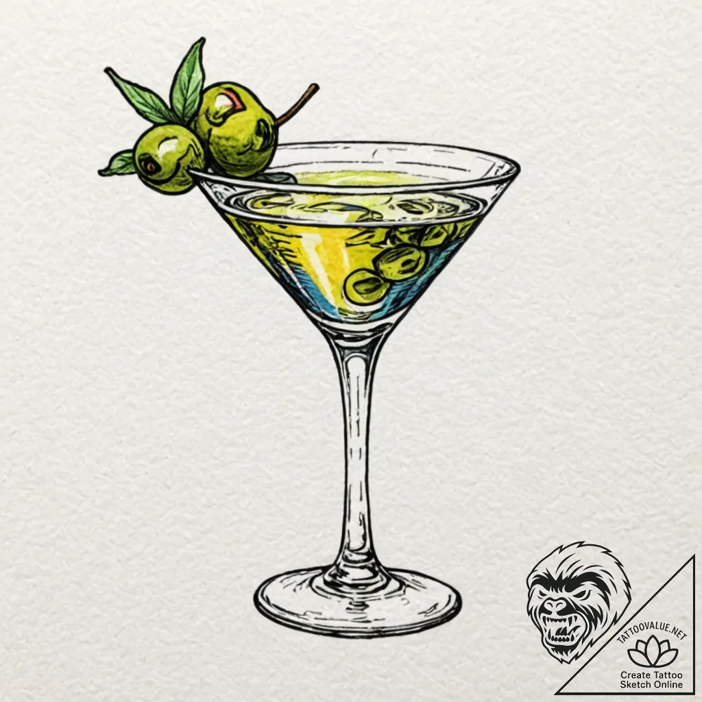 A single, perfect olive, in a martini glass,... - tattoo sketch (№1752149639_0, 10.07.2025 12:13) — tattoovalue.net