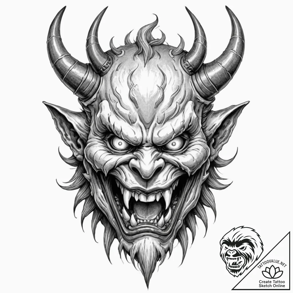 A snarling, demonic oni mask, a symbol of fie... - tattoo sketch (№1752149720_0, 10.07.2025 12:15) — tattoovalue.net