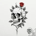 A skull, with a single, perfect, red rose gro… – tattoo sketch (№1752150137_0, 10.07.2025 12:22) — tattoovalue.net