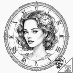 A woman whose face is a detailed vintage cloc… – tattoo sketch (№1752150227_0, 10.07.2025 12:23) — tattoovalue.net