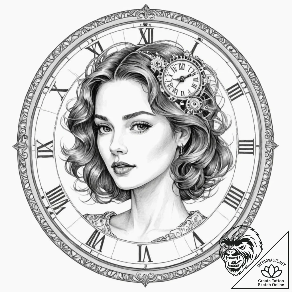 A woman whose face is a detailed vintage cloc... - tattoo sketch (№1752150227_0, 10.07.2025 12:23) — tattoovalue.net