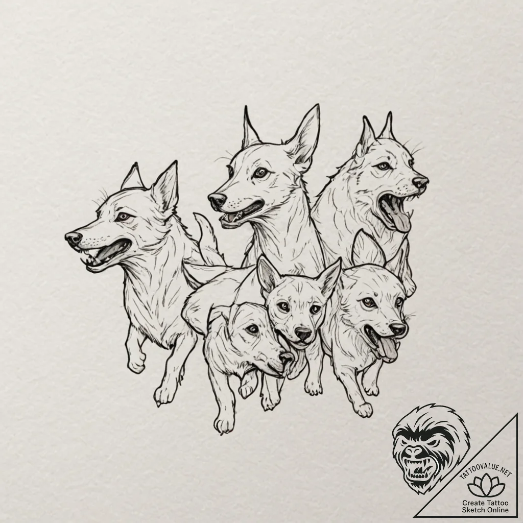 A pack of snarling, spectral hounds with glow... - tattoo sketch (№1752150655_0, 10.07.2025 12:30) — tattoovalue.net