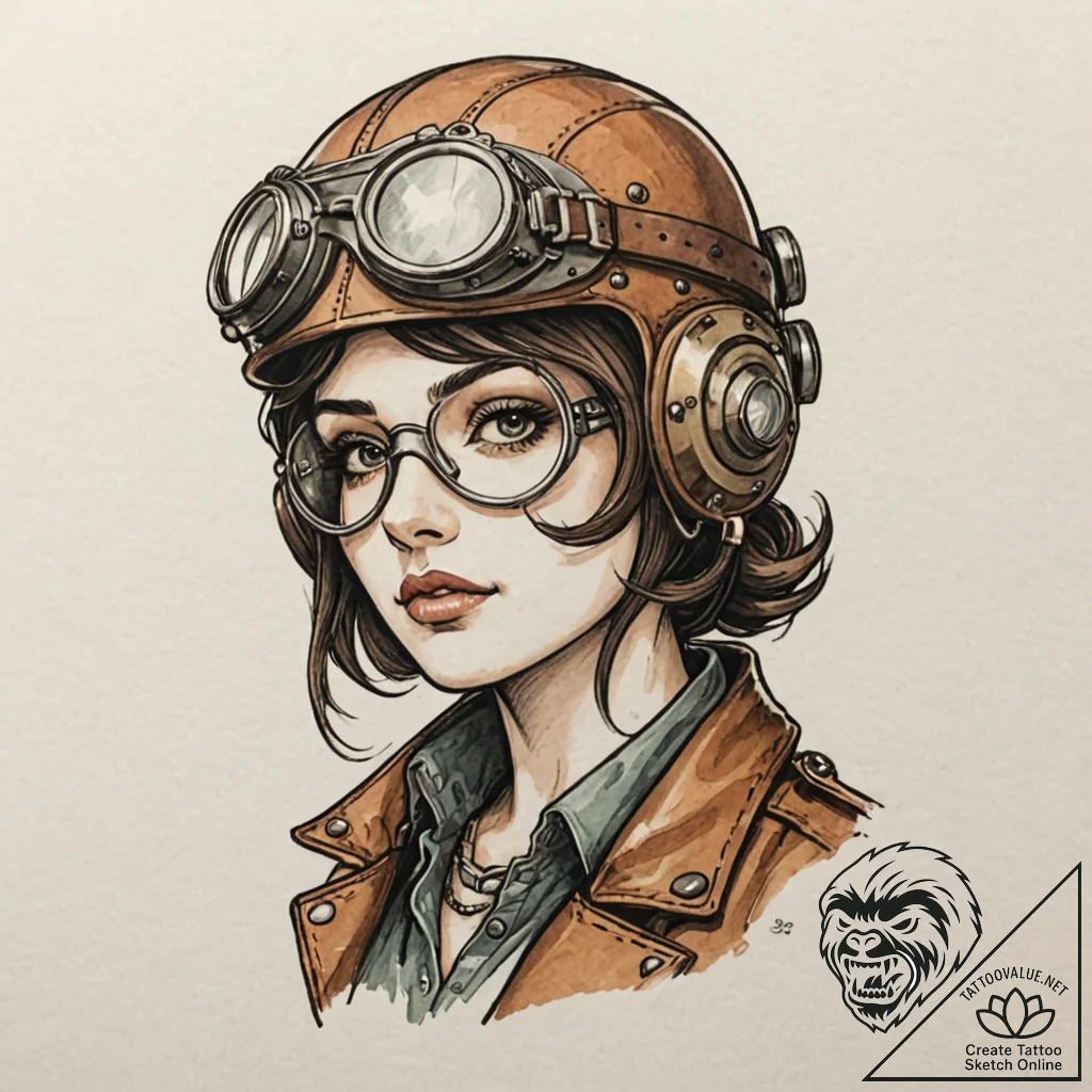 A steampunk aviatrix with goggles and a leath... - tattoo sketch (№1752150740_0, 10.07.2025 12:32) — tattoovalue.net