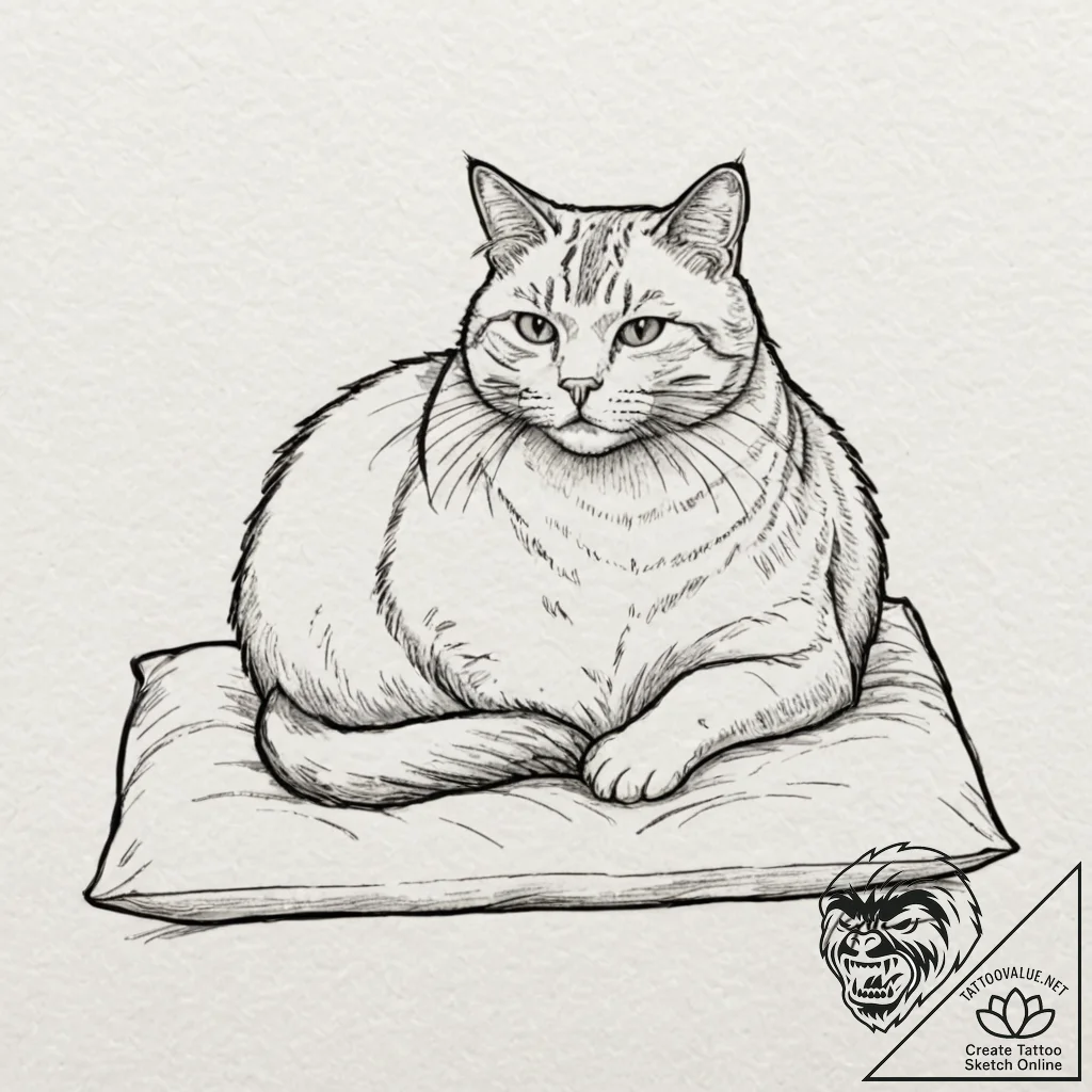 A gluttonous, fat cat, lounging on a velvet c... - tattoo sketch (№1752151593_0, 10.07.2025 12:46) — tattoovalue.net